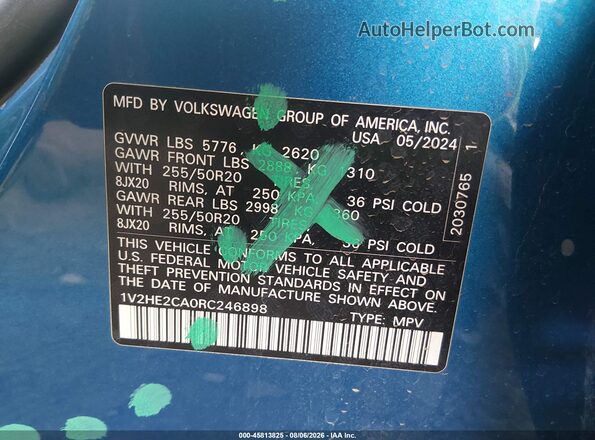 1V2HE2CA0RC246898 2024 VOLKSWAGEN ATLAS Blue Widok komory silnika
