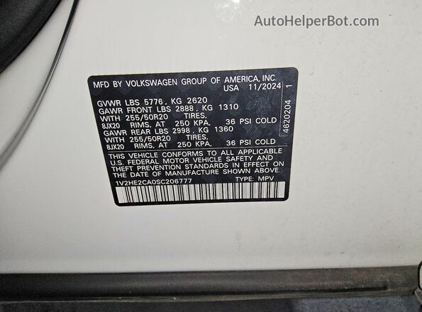 1V2HE2CA0SC206777 2025 VOLKSWAGEN ATLAS White 
