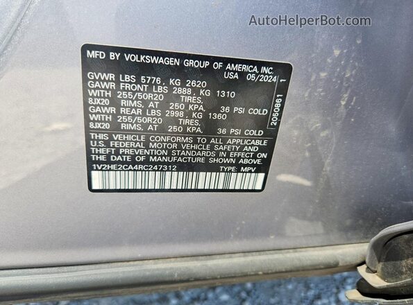 1V2HE2CA4RC247312 2024 VOLKSWAGEN ATLAS Серебряный Вид наклейки с VIN-кодом