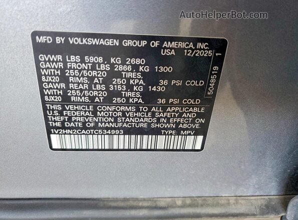 1V2HN2CA0TC534993 2026 VOLKSWAGEN ATLAS Silver VIN կոդի պիտակի տեսք