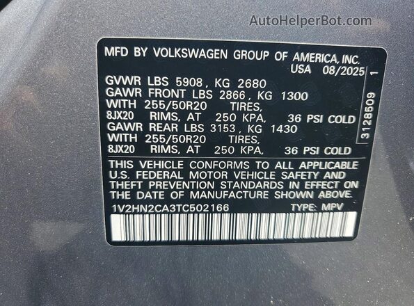 1V2HN2CA3TC502166 2026 VOLKSWAGEN ATLAS Gray Widok naklejki z numerem VIN