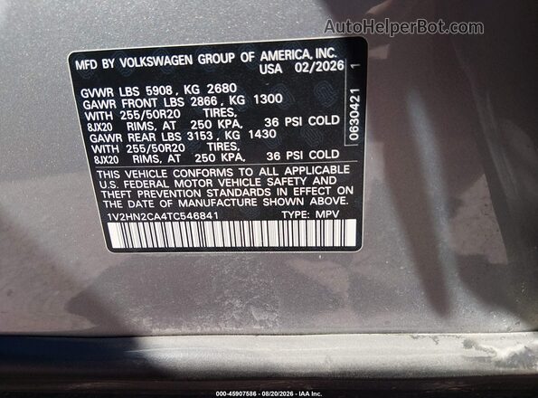 1V2HN2CA4TC546841 2026 VOLKSWAGEN ATLAS Silver Engine compartment view