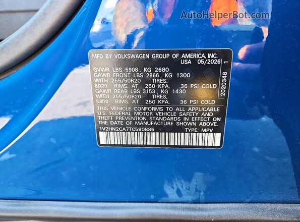 1V2HN2CA7TC580885 2026 VOLKSWAGEN ATLAS Blue Widok naklejki z numerem VIN