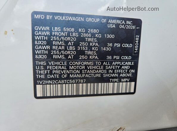 1V2HN2CA8TC567787 2026 VOLKSWAGEN ATLAS White Vista interior de 360 grados