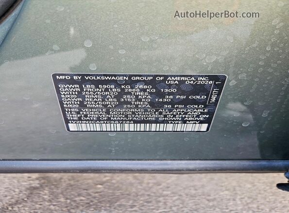 1V2HN2CA9TC567264 2026 VOLKSWAGEN ATLAS Green VIN კოდის სტიკერის ხედი