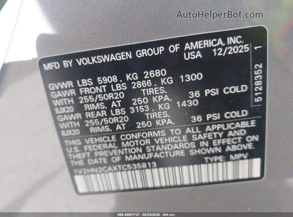 1V2HN2CAXTC535813 2026 VOLKSWAGEN ATLAS Silver Вид підкапотного простору