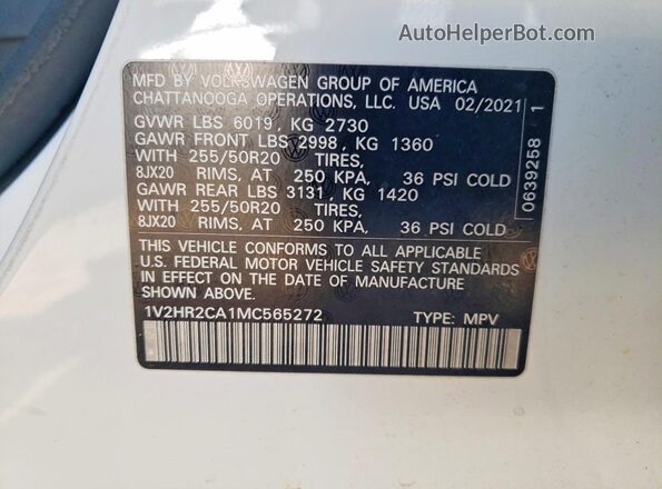 1V2HR2CA1MC565272 2021 VOLKSWAGEN ATLAS Silver Вид наклейки з VIN-кодом