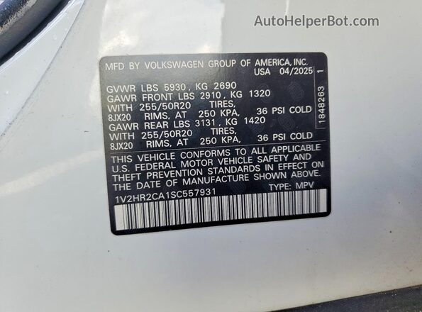 1V2HR2CA1SC557931 2025 VOLKSWAGEN ATLAS White Vista de la etiqueta del VIN