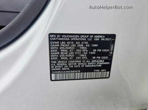1V2HR2CA2MC580976 2021 VOLKSWAGEN ATLAS White Vista interior de 360 grados