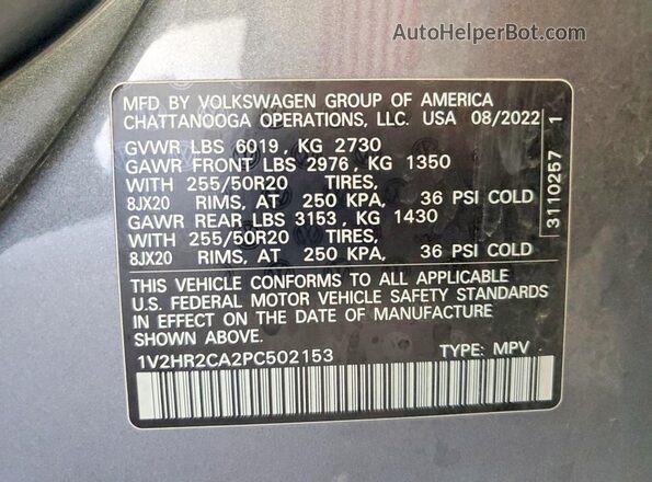 1V2HR2CA2PC502153 2023 VOLKSWAGEN ATLAS Gray VIN sticker view