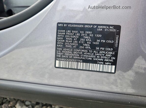 1V2HR2CA2SC527756 2025 VOLKSWAGEN ATLAS Gray Vista de la etiqueta del VIN