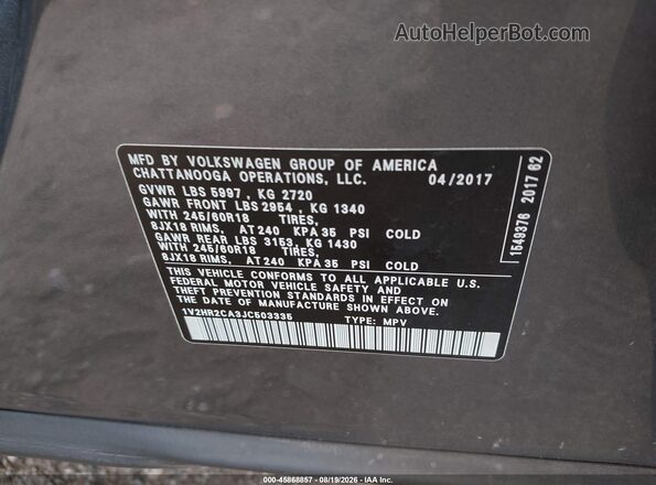 1V2HR2CA3JC503335 2018 VOLKSWAGEN ATLAS Gray ძრავის განყოფილების ხედი