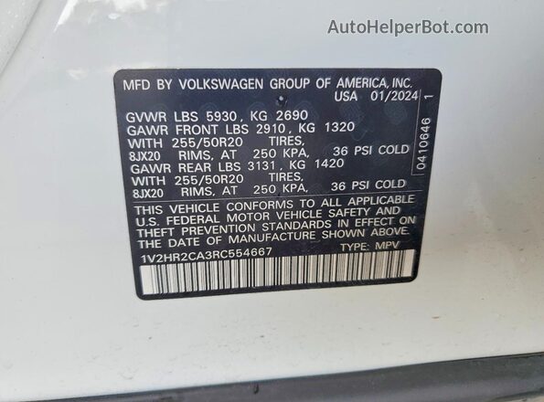 1V2HR2CA3RC554667 2024 VOLKSWAGEN ATLAS White Вид підкапотного простору