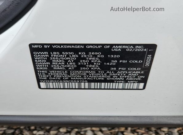 1V2HR2CA3RC559755 2024 VOLKSWAGEN ATLAS White VIN კოდის სტიკერის ხედი