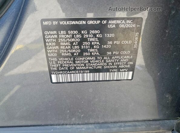 1V2HR2CA4RC619199 2024 VOLKSWAGEN ATLAS Gray 360 interior view