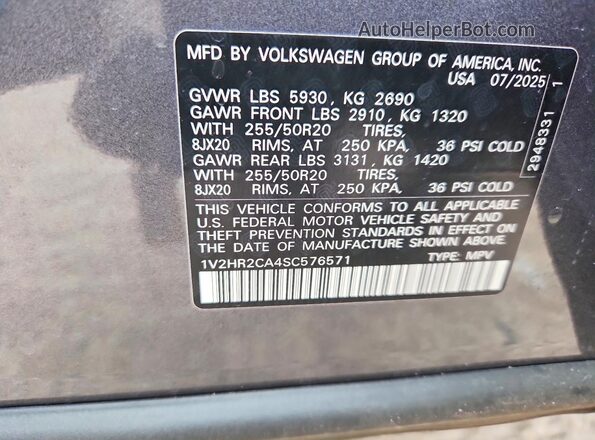 1V2HR2CA4SC576571 2025 VOLKSWAGEN ATLAS Gray Vista de la etiqueta del VIN