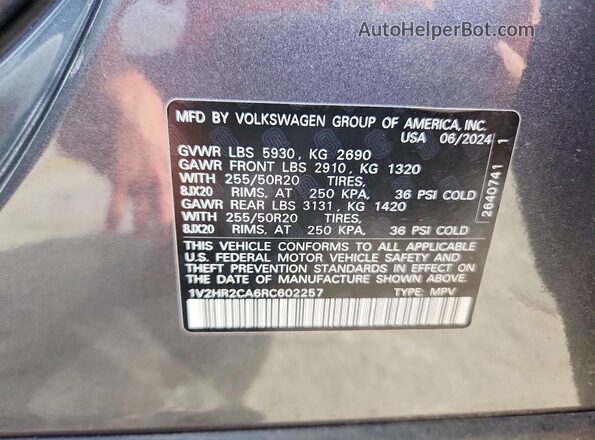 1V2HR2CA6RC602257 2024 VOLKSWAGEN ATLAS Gray Widok naklejki z numerem VIN