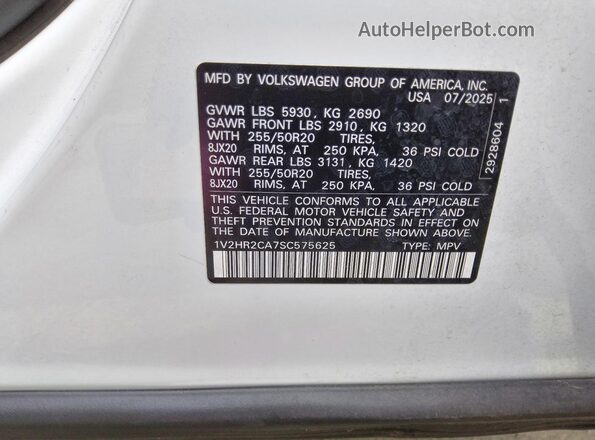 1V2HR2CA7SC575625 2025 VOLKSWAGEN ATLAS White Vista interior de 360 grados