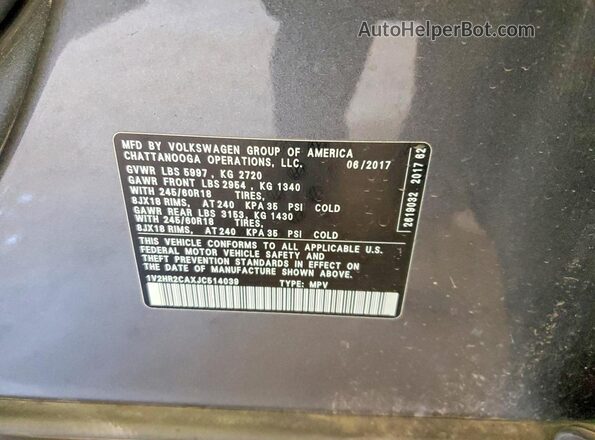 1V2HR2CAXJC514039 2018 VOLKSWAGEN ATLAS Gray Widok naklejki z numerem VIN