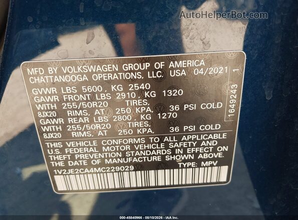 1V2JE2CA4MC229029 2021 VOLKSWAGEN ATLAS Blue Vista del compartimento del motor