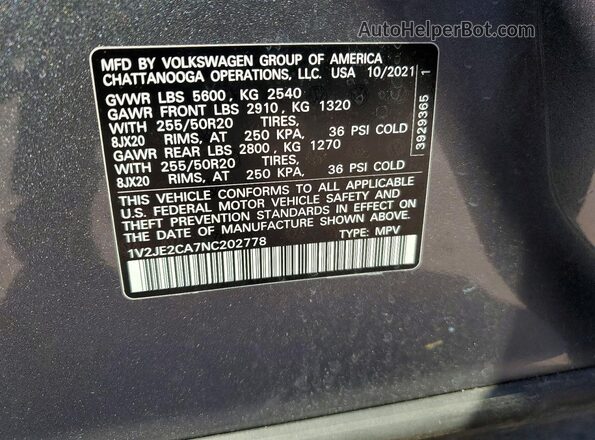 1V2JE2CA7NC202778 2022 VOLKSWAGEN ATLAS Gray Вид наклейки з VIN-кодом