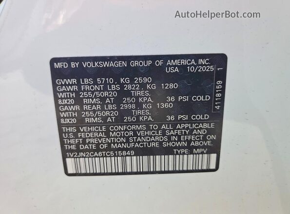1V2JN2CA6TC515849 2026 VOLKSWAGEN ATLAS White Vista de la etiqueta del VIN