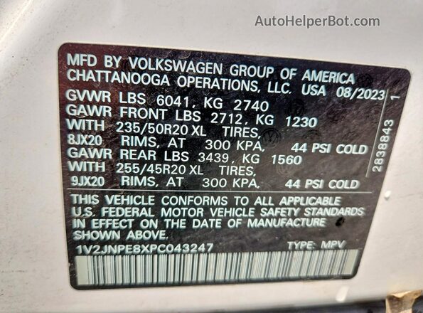 1V2JNPE8XPC043247 2023 VOLKSWAGEN ID.4 Белый Вид наклейки с VIN-кодом