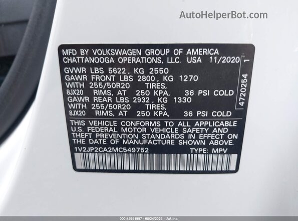 1V2JP2CA2MC549752 2021 VOLKSWAGEN ATLAS White Շարժիչի բաժամունքի տեսք
