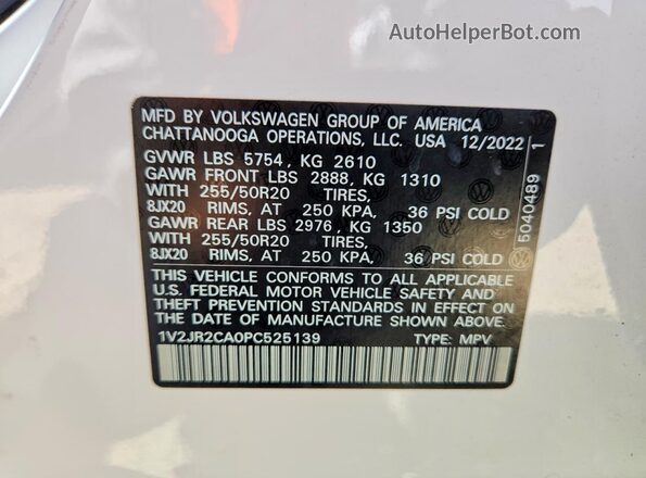 1V2JR2CA0PC525139 2023 VOLKSWAGEN ATLAS White VIN sticker view