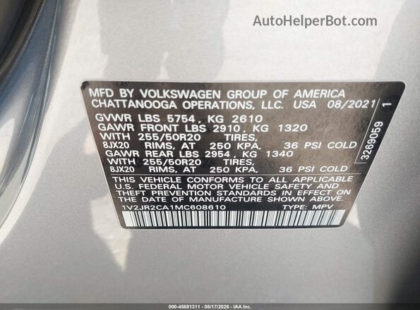 1V2JR2CA1MC608610 2021 VOLKSWAGEN ATLAS Gray Widok komory silnika