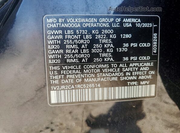 1V2JR2CA1RC526514 2024 VOLKSWAGEN ATLAS Черный Вид наклейки с VIN-кодом