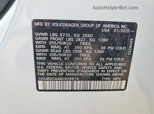1V2JR2CA4SC526514 2025 VOLKSWAGEN ATLAS Белый Вид подкапотного пространства