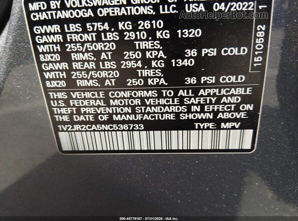 1V2JR2CA5NC536733 2022 VOLKSWAGEN ATLAS Gray Շարժիչի բաժամունքի տեսք