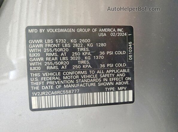 1V2JR2CA6RC558777 2024 VOLKSWAGEN ATLAS Gray Вид наклейки з VIN-кодом