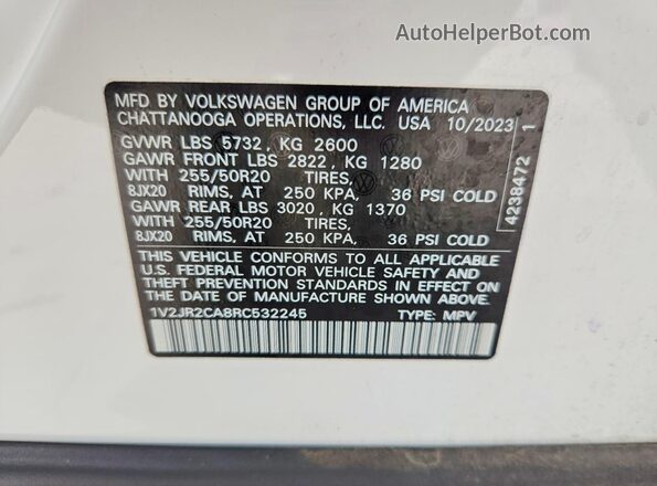 1V2JR2CA8RC532245 2024 VOLKSWAGEN ATLAS White VIN կոդի պիտակի տեսք