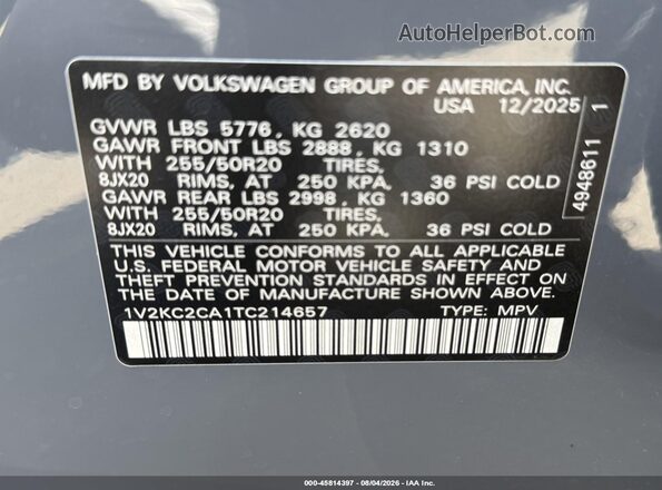 1V2KC2CA1TC214657 2026 VOLKSWAGEN ATLAS Gray Вид підкапотного простору