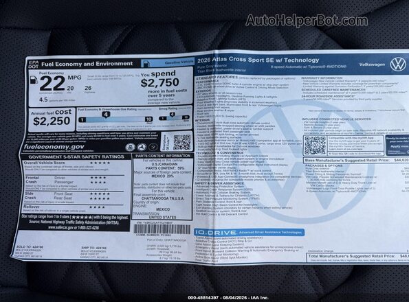 1V2KC2CA1TC214657 2026 VOLKSWAGEN ATLAS Gray Вид задньої частини салону