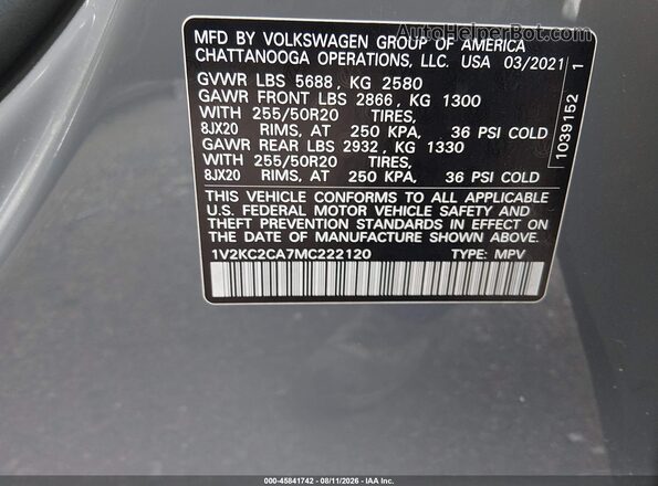 1V2KC2CA7MC222120 2021 VOLKSWAGEN ATLAS Gray Engine compartment view