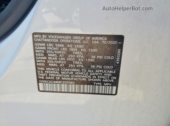 1V2KC2CA8MC203382 2021 VOLKSWAGEN ATLAS White Widok naklejki z numerem VIN