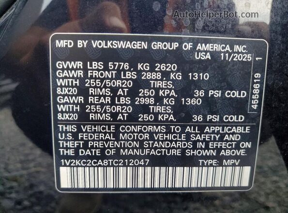 1V2KC2CA8TC212047 2026 VOLKSWAGEN ATLAS Черный Вид наклейки с VIN-кодом