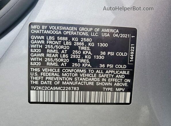 1V2KC2CA9MC226783 2021 VOLKSWAGEN ATLAS Gray VIN կոդի պիտակի տեսք