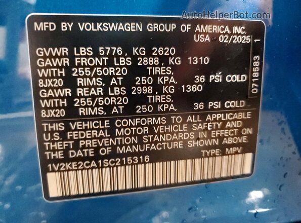 1V2KE2CA1SC215316 2025 VOLKSWAGEN ATLAS Blue Вид наклейки з VIN-кодом