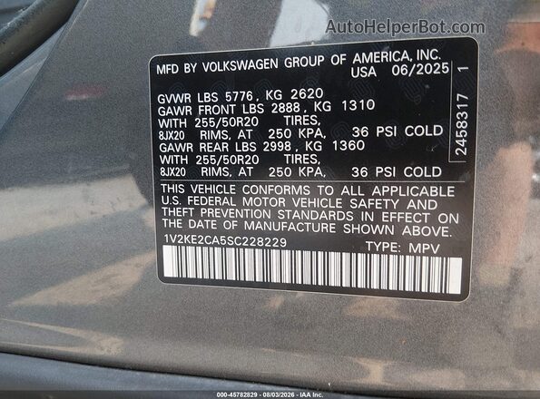 1V2KE2CA5SC228229 2025 VOLKSWAGEN ATLAS Gray Widok komory silnika