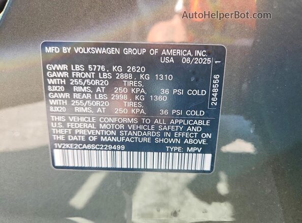 1V2KE2CA6SC229499 2025 VOLKSWAGEN ATLAS Зеленый Вид наклейки с VIN-кодом