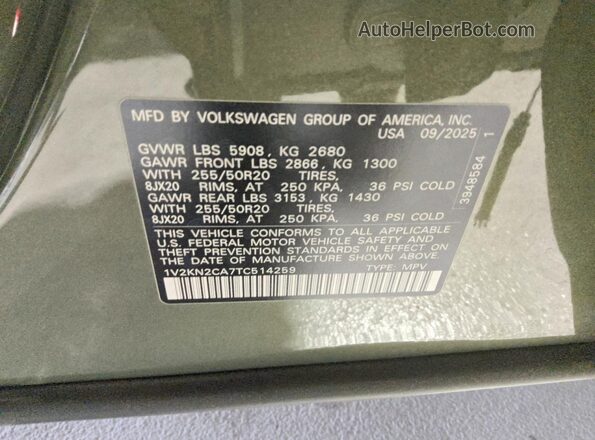1V2KN2CA7TC514259 2026 VOLKSWAGEN ATLAS Green Вид наклейки з VIN-кодом