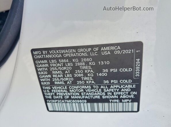 1V2KP2CA7MC609609 2021 VOLKSWAGEN ATLAS White Вид наклейки з VIN-кодом