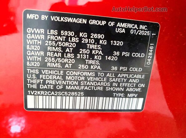 1V2KR2CA2SC528525 2025 VOLKSWAGEN ATLAS Red Вид наклейки з VIN-кодом