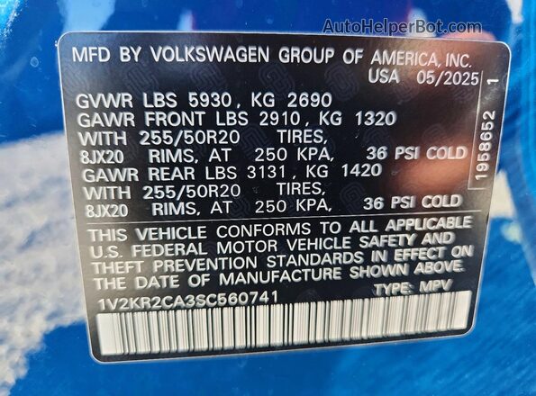 1V2KR2CA3SC560741 2025 VOLKSWAGEN ATLAS Blue Vista de la etiqueta del VIN