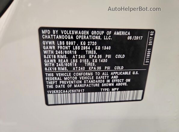 1V2KR2CA4JC507917 2018 VOLKSWAGEN ATLAS White Вид наклейки з VIN-кодом