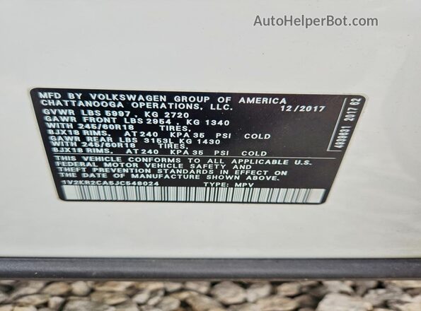1V2KR2CA5JC548024 2018 VOLKSWAGEN ATLAS White Панорамний вид салону 360°